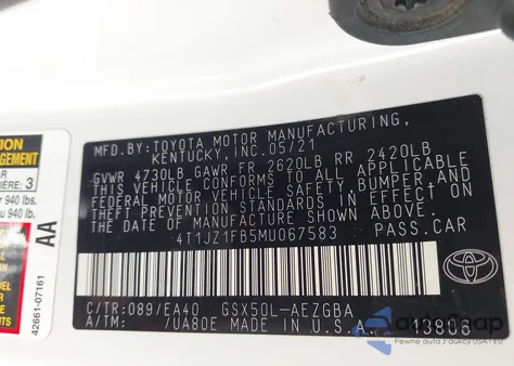 2021 Toyota Avalon Xle from USA, damaged, VIN 4T1JZ1FB5MU067583